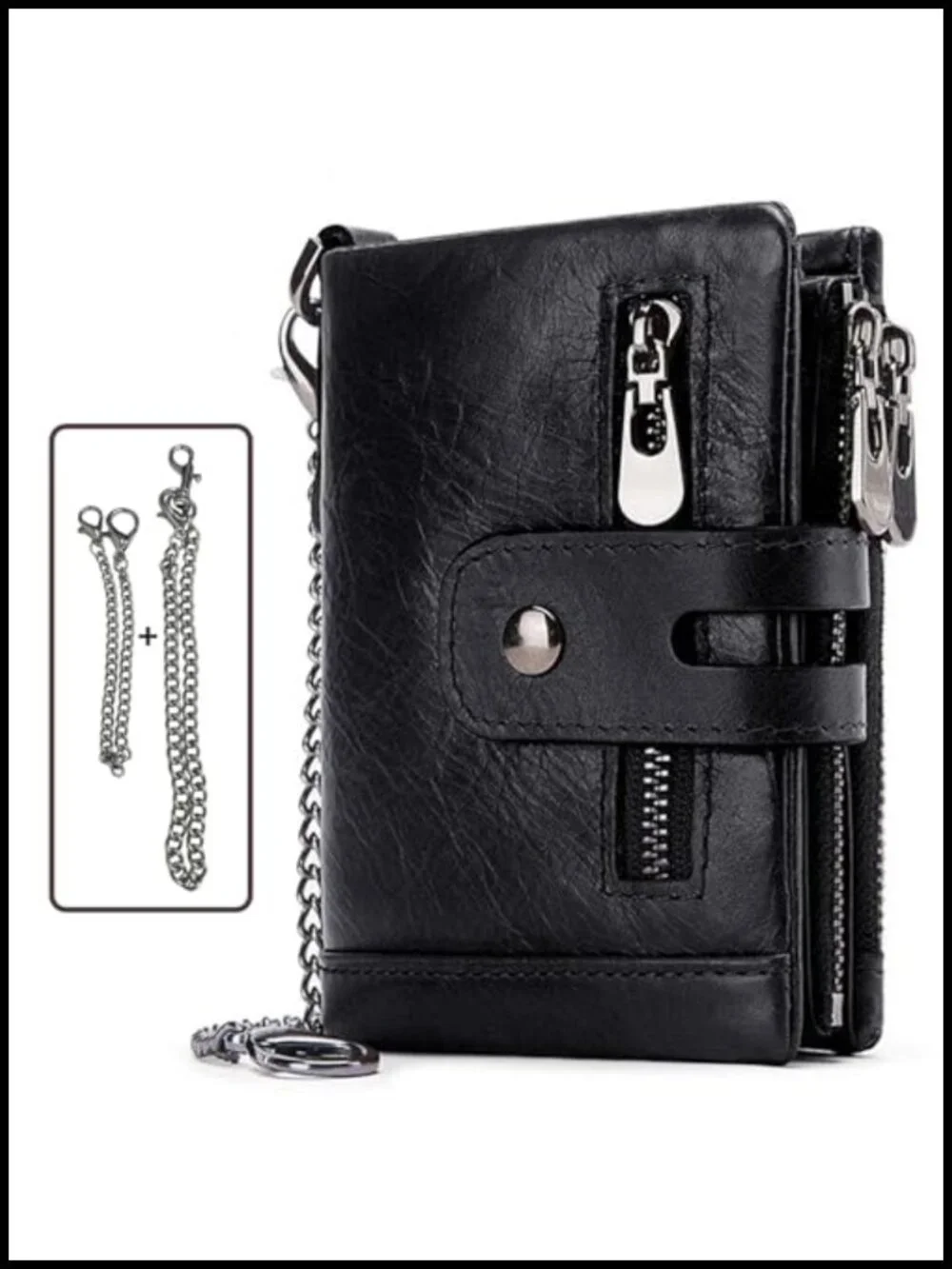 Genuine Leather Men's Chain Wallet RFID Blocking Trifold Biker Goth